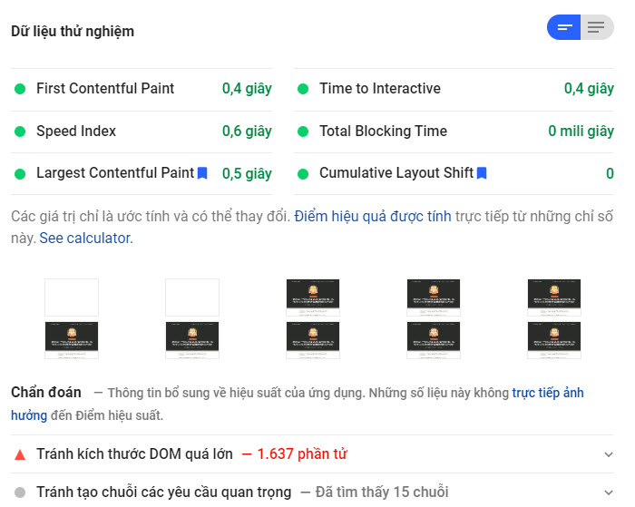 Dữ liệu thử nghiệm Google PageSpeed Insights