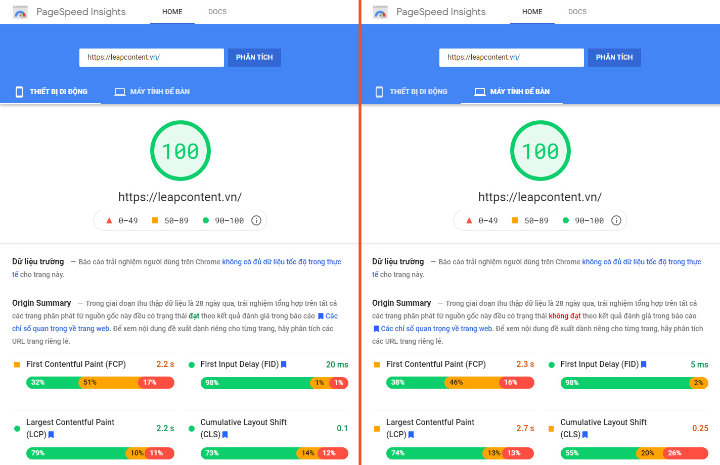 Kết quả Google PageSpeed Insights của trang chủ Leap Content